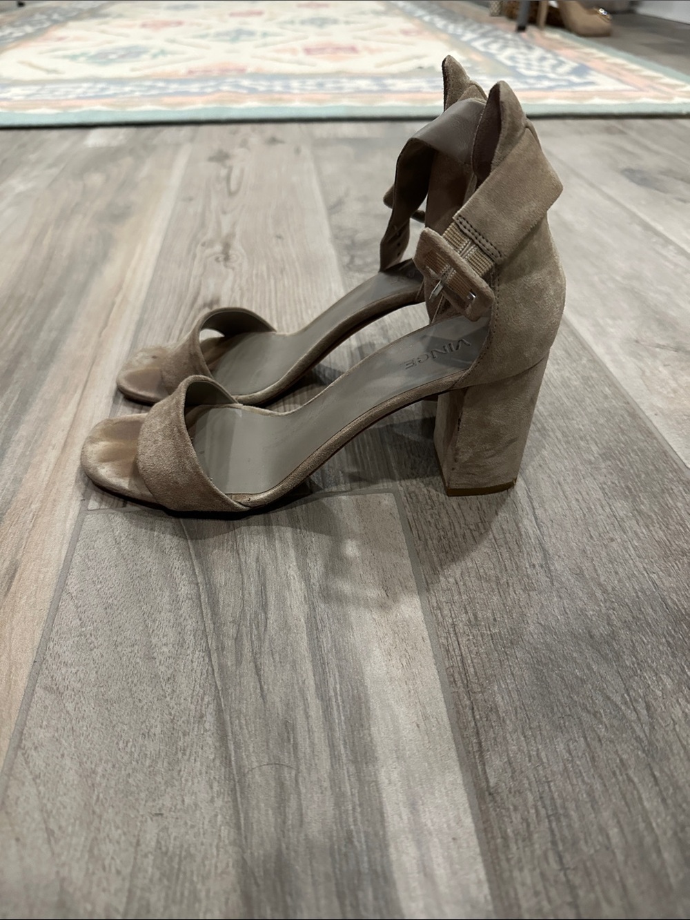 Vince Taupe Suede Block Heels with Ankle Tie